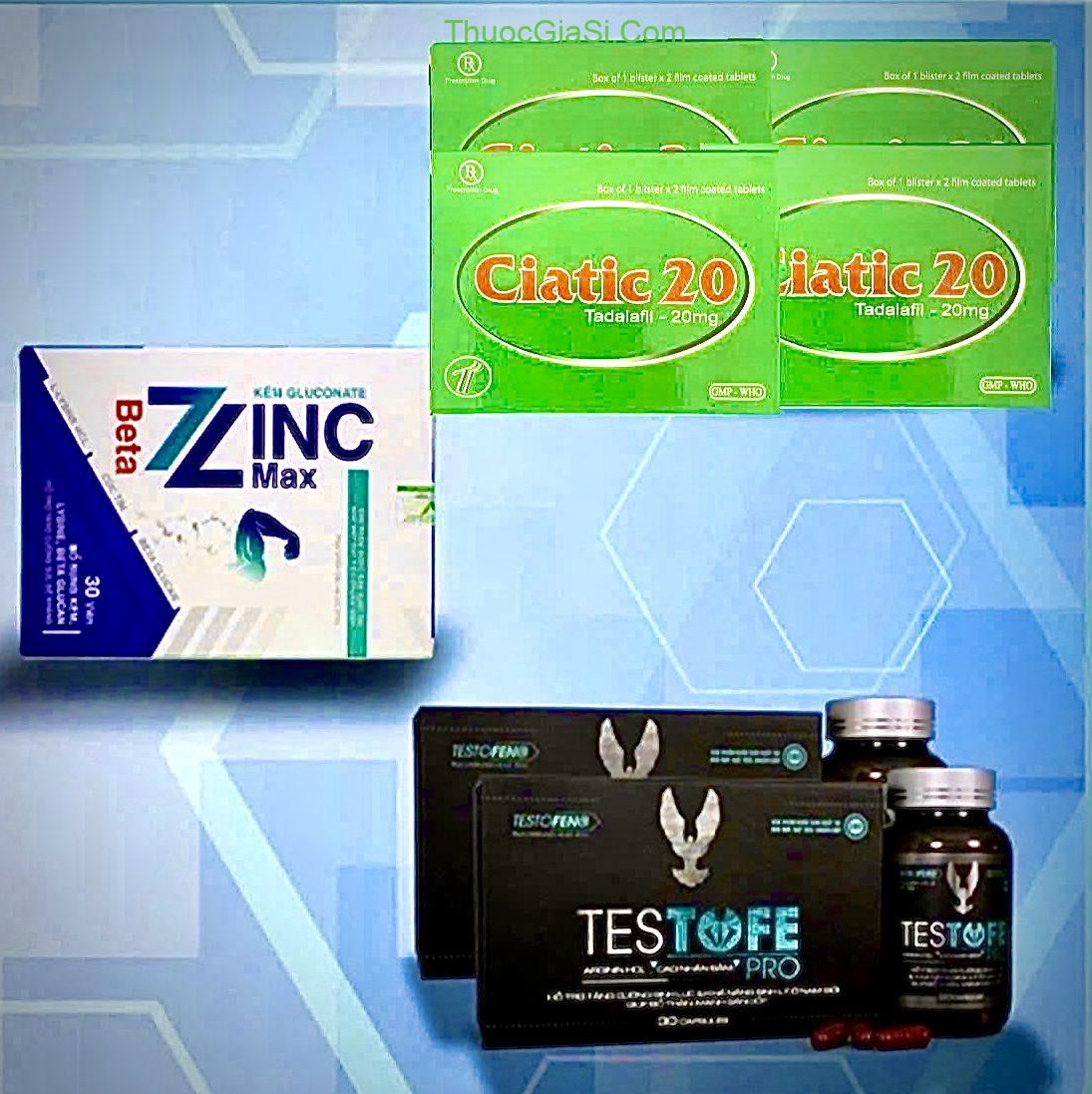 Ciatic 20 (Tadalafil 20mg) – Điều trị rối loạn cương dương, cải thiện sinh lý nam giới Ciatic 20 (Tadalafil 20mg), Beta Zinc Max (Kẽm Gluconate, Testofe Pro
