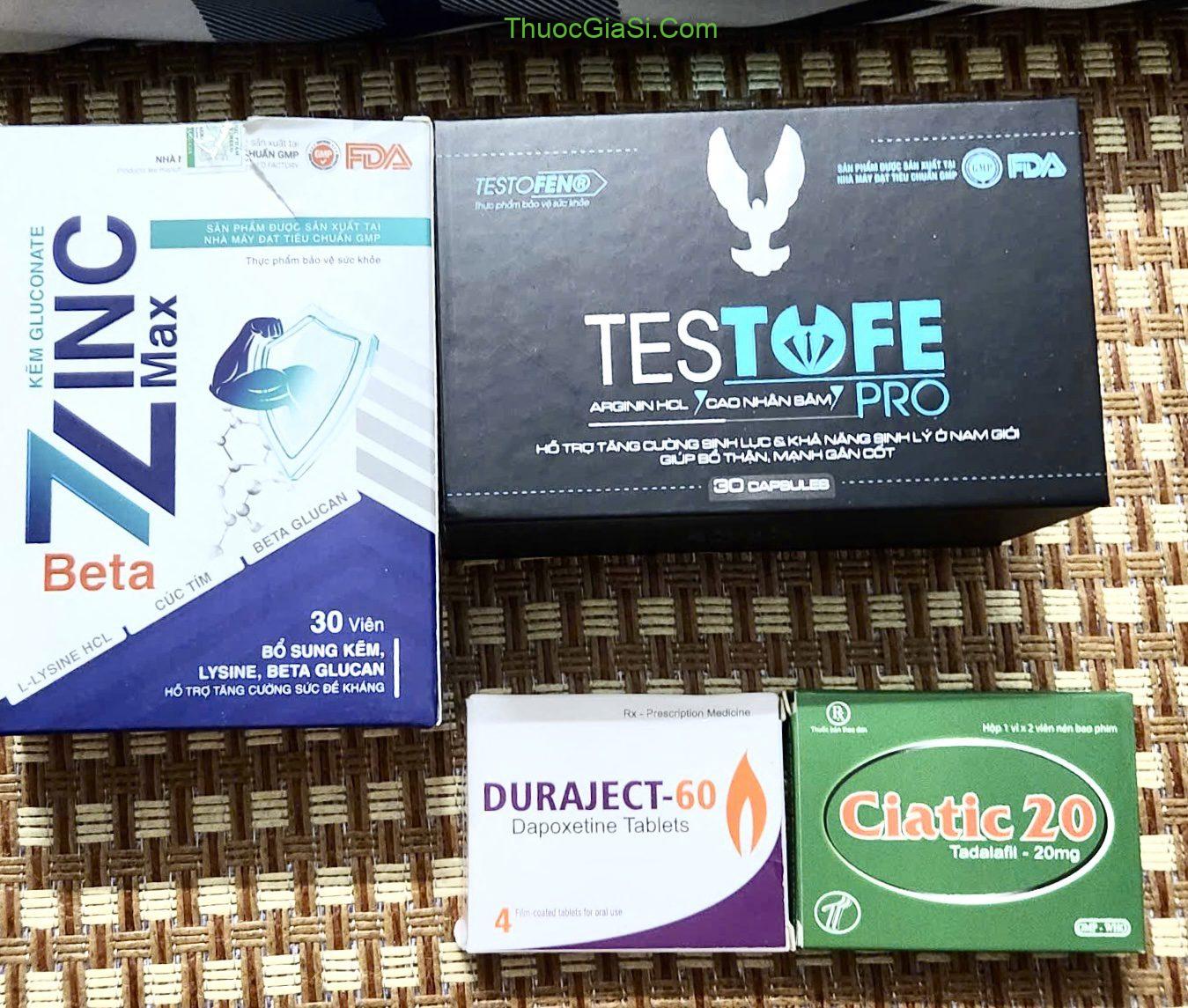 Ciatic 20 (Tadalafil 20mg), Beta Zinc Max (Kẽm Gluconate, Testofe Pro, Duraject 60 (Dapoxetin 60mg( Ciatic 20 (Tadalafil 20mg), Beta Zinc Max (Kẽm Gluconate, Testofe Pro, Duraject 60 (Dapoxetin 60mg(